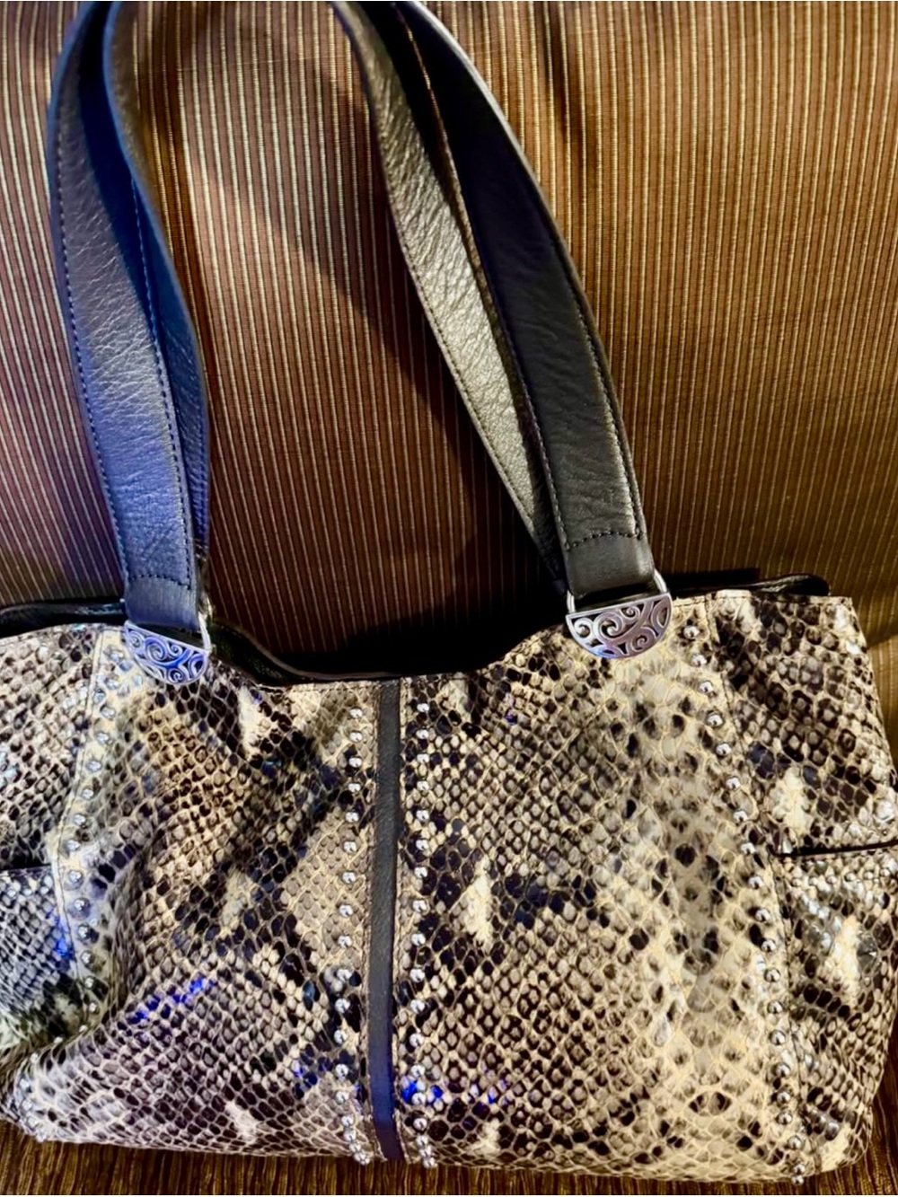 Brighton Black and Beige Python-Print Shoulder Bag